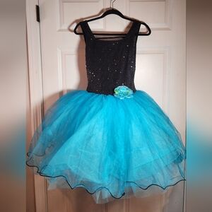 Curtain Call Dance Costume Black Sequin Top Blue Tulle Skirt Bottom Size AME